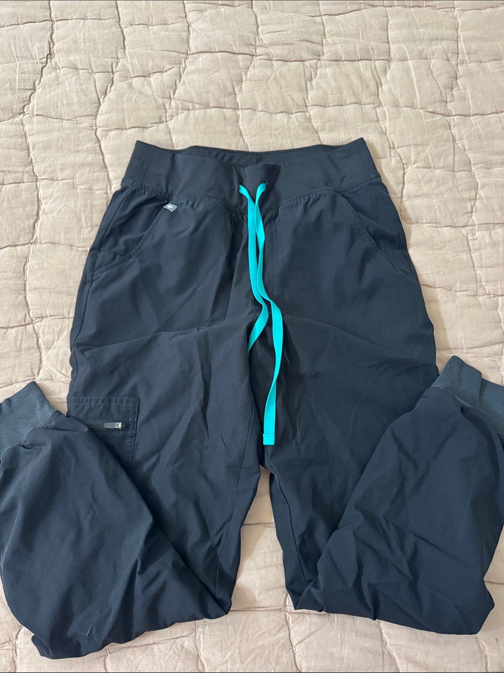 Figs Black high waisted WATERPROOF Joggers with Teal Drawstring